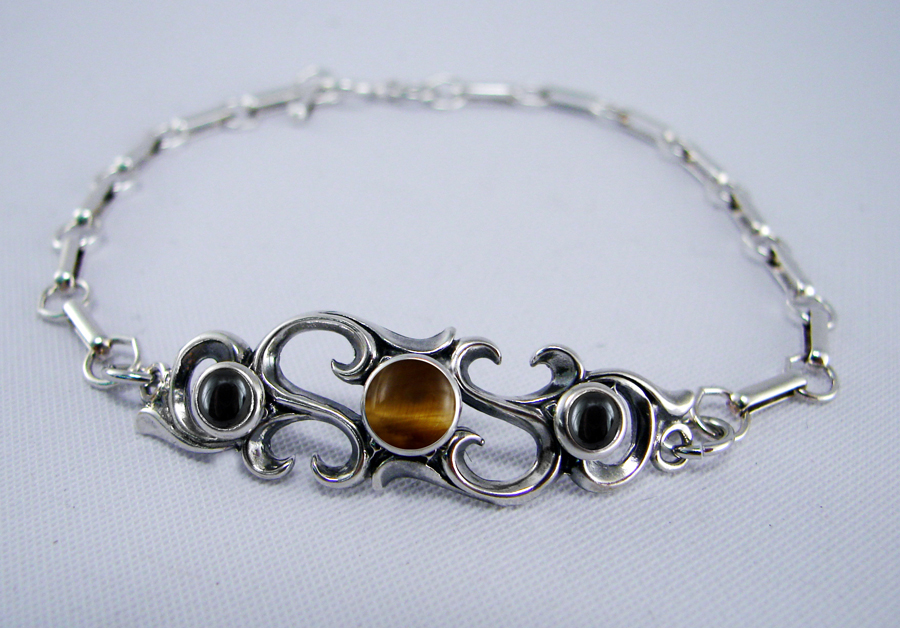 Sterling Silver Filigree Bracelet With Tiger Eye And Hematite